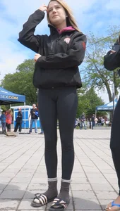 Cute teen in leggings and slippers creepshot