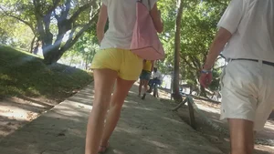 Milf in yellow shorts with vpl and a wedgie