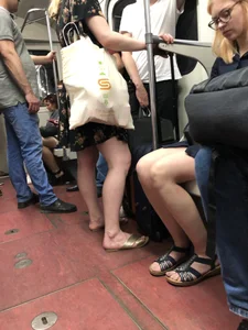 Blonde with Hot Long Legs in Sandals and a Dress Subway Train Candid