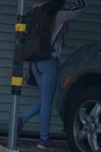 Girl next door teen walking to car in various tight jeans