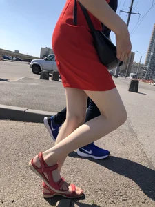 Girl in a Red Dress and Sandals With Thin, Pale Legs on the Crosswalk City Creepshots Gallery
