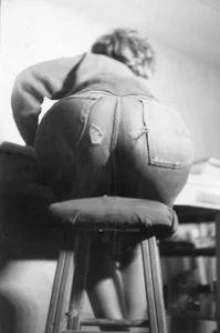 Black And White Retro Long Angle Creepshot of an Ass on a Stool Bendover