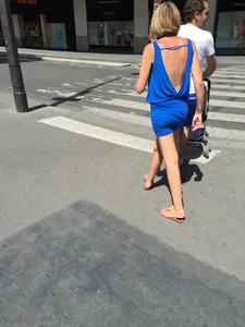 Blonde milf in tiny blue skirt with vpl