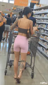 Tatted asian chick w/VTL in pink shorts