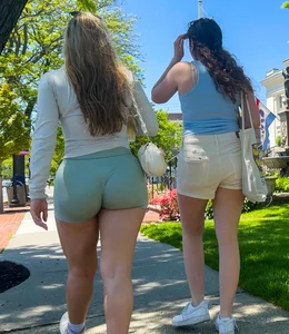 Thicc chick and her friend afternoon stroll w/ tight green yoga shorts