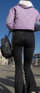 Juicy ass in black tight jeans and nice skinny legs street closeups