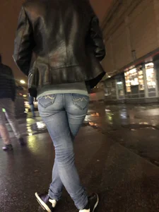 Cute Girl in Leather Jacket and Tight Jeans - Late Evening City Creepshot