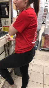 Sexy Canadian employee with glasses in tight leggings showing her awesome ass