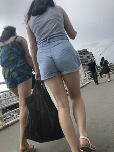 Sexy Butt And Legs in Denim Shorts - Candid Girl in Sandals Walking Up the Stairs Creepshots Gallery