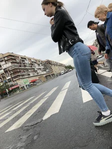 Hot Booty in Tight Jeans - Girl in Leather Jacket Street Candid