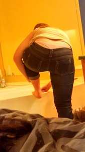 Barefoot Girl in Tight Jeans Bend Over with Spread Legs - Panties Peeking Out Creepshot