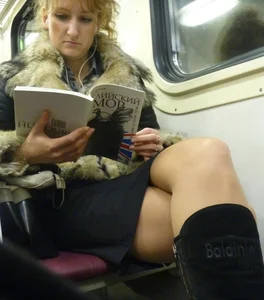 Sexy girls in skirts, stockings and upskirts on the train