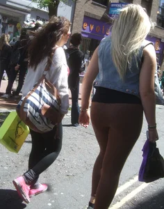 Thick blonde showing her panties in see through leggings