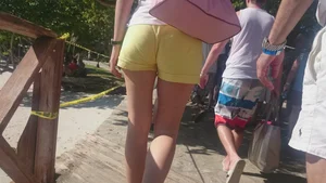 Milf in yellow shorts with vpl and a wedgie
