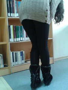 Candid Girl in a Grey Sweater And Leggings Bending Over at the Library, Creepshots Gallery