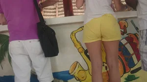 Milf in yellow shorts with vpl and a wedgie