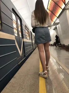 Sexy Chick in a Blouse, Jean Skirt And Sandals Subway Station And Train Creepshots - Great Legs