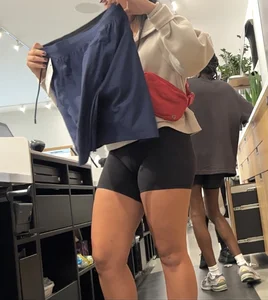 Sexy LuLu Lemon employee in tight black biker shorts