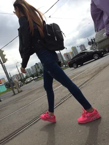 Hot Girl in Tight Blue Jeans And Bright Pink Sneakers on a Crosswalk Street Booty Creepshots Collection
