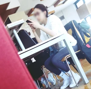 A Nerdy Candid Skinny Girl in Leggings, White Socks And Sneakers Working at the Library Creepshots