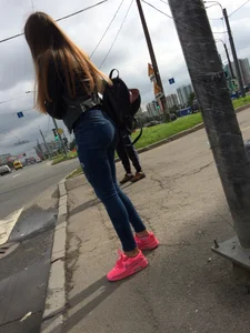 Hot Girl in Tight Blue Jeans And Bright Pink Sneakers on a Crosswalk Street Booty Creepshots Collection