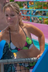 Blonde milf with a great bikini body at a water slide