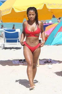 Christina Milian in red bikini in Miami with hard nipples
