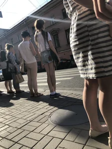 Skinny Legs in Denim Shorts City Street Candid Pics