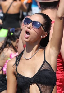 Boobs out in public in either bikini tops or bras