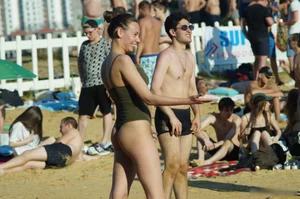 Milf with Amazing Fit Ass in Green One-Piece Swimsuit Playing Volleyball on the Beach Creepshots Gallery