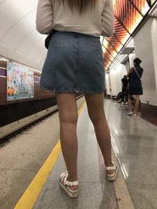 Sexy Chick in a Blouse, Jean Skirt And Sandals Subway Station And Train Creepshots - Great Legs