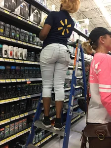 Walmart ebony employee in white jeans with a nice ass