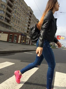 Hot Girl in Tight Blue Jeans And Bright Pink Sneakers on a Crosswalk Street Booty Creepshots Collection