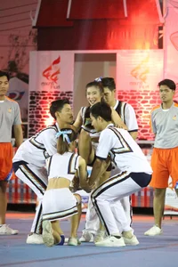 Bunch of athletic Thai cheerleaders at a competition