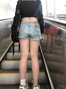 Tall Candid Teen Girl in Denim Shorts and a Top With an Injured Knee Subway and Street Creepshots - Hot and Muscular Long Legs