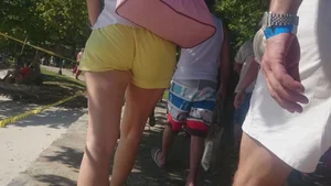 Milf in yellow shorts with vpl and a wedgie