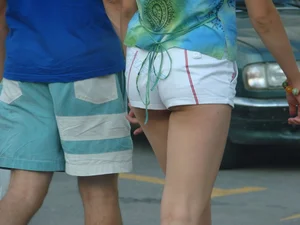Street Candid Girl with Skinny Ass and Legs in Mini-Shorts