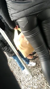Candid Booty in Tight Leather Pants Street Winter Creepshot