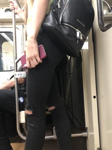 Skinny Candid Girl With Slim Legs in Torn Black Jeans - Subway Train Creepshots