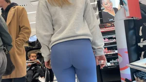 Blonde PAWG in blue leggings shopping at Sephora (Not OC)