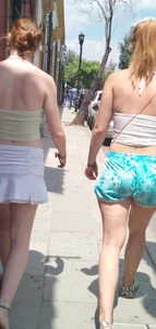 Two pretty blondes, short shorts, nice legs, (laughing)