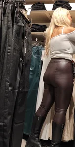 Hot blonde in leather leggings