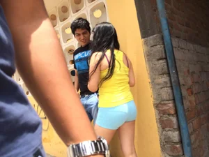 Big booty babe in blue shorts with vpl
