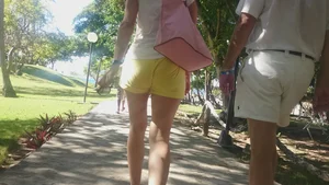 Milf in yellow shorts with vpl and a wedgie