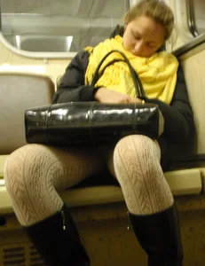Sexy girls in skirts, stockings and upskirts on the train