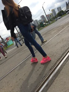 Hot Girl in Tight Blue Jeans And Bright Pink Sneakers on a Crosswalk Street Booty Creepshots Collection