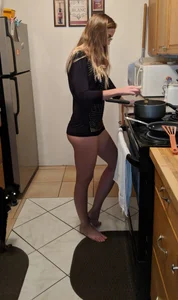 Cute Girl in T-shirt and Panties in the Kitchen - Hot Home Candid Pic