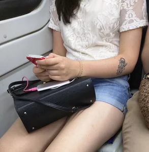 Hot Girl in Denim Mini Shorts and Lacey Blouse Subway Train Candid Photo