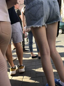 Skinny Legs in Denim Shorts City Street Candid Pics