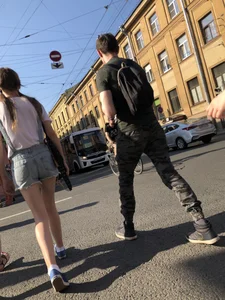 Skinny Legs in Denim Shorts City Street Candid Pics